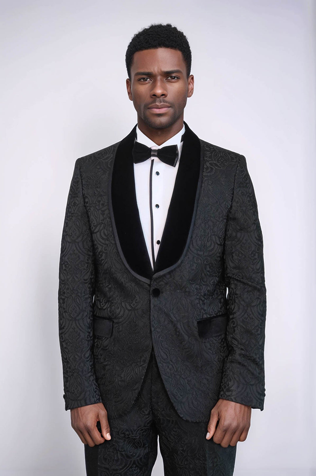 WSS 2 Piece Damask Patterned Velvet Shawl Collar Black Men's Tuxedo Suit  - Innisfil