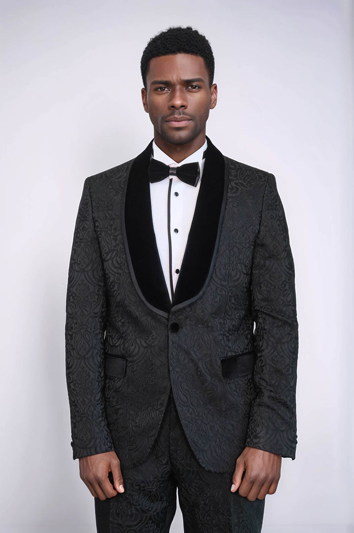 WSS 2 Piece Damask Patterned Velvet Shawl Collar Black Men's Tuxedo Suit  - Innisfil