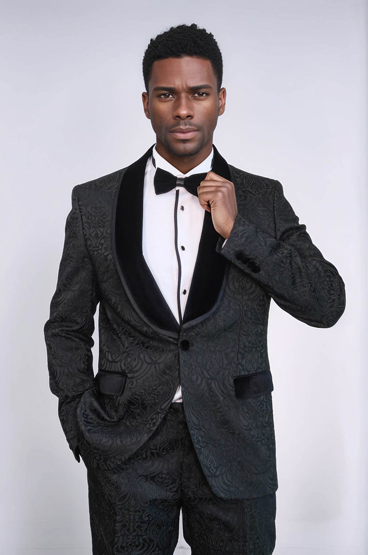 WSS 2 Piece Damask Patterned Velvet Shawl Collar Black Men's Tuxedo Suit  - Innisfil