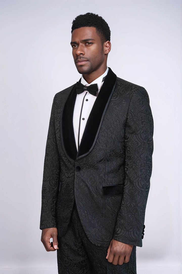 WSS 2 Piece Damask Patterned Velvet Shawl Collar Black Men's Tuxedo Suit  - Innisfil