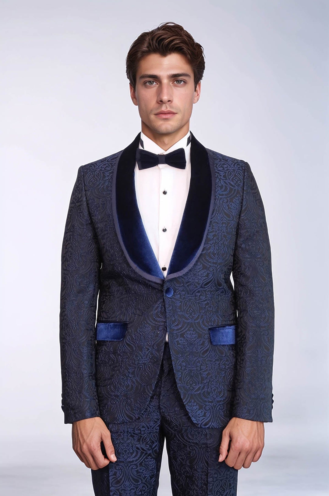 WSS 2 Piece Damask Patterned Velvet Shawl Collar Royal Blue Men's Tuxedo Suit  - Kirkby