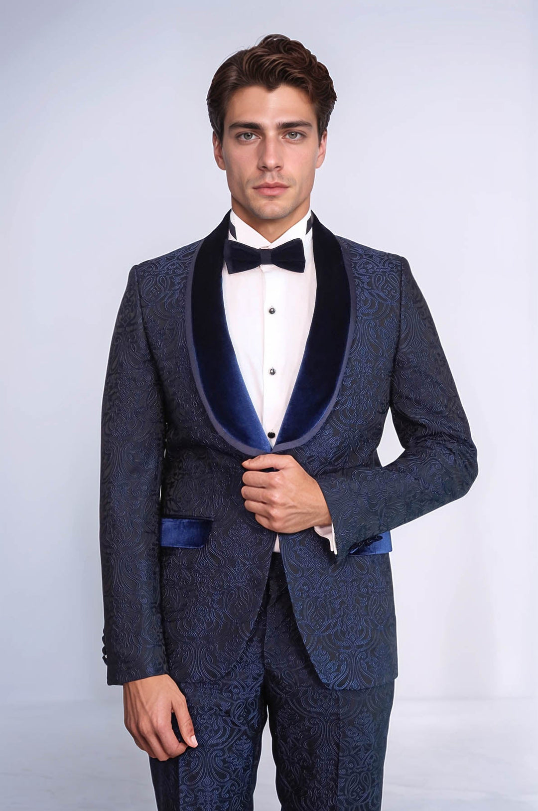 WSS 2 Piece Damask Patterned Velvet Shawl Collar Royal Blue Men's Tuxedo Suit  - Kirkby