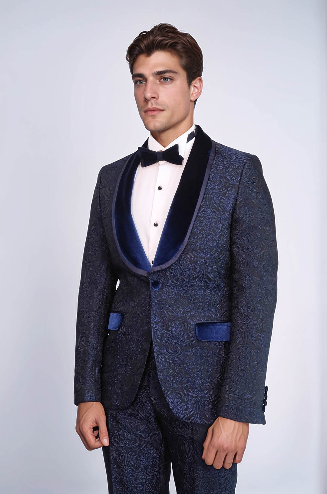 WSS 2 Piece Damask Patterned Velvet Shawl Collar Royal Blue Men's Tuxedo Suit  - Kirkby