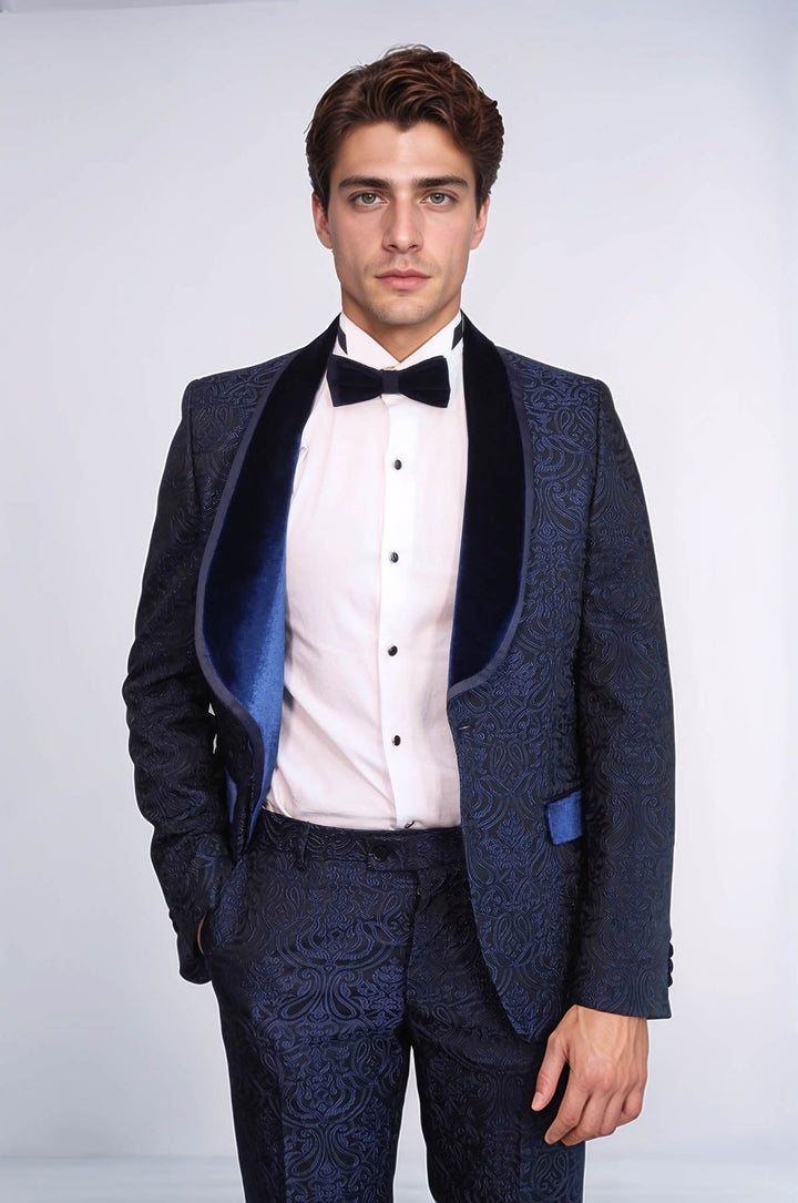 WSS 2 Piece Damask Patterned Velvet Shawl Collar Royal Blue Men's Tuxedo Suit  - Kirkby