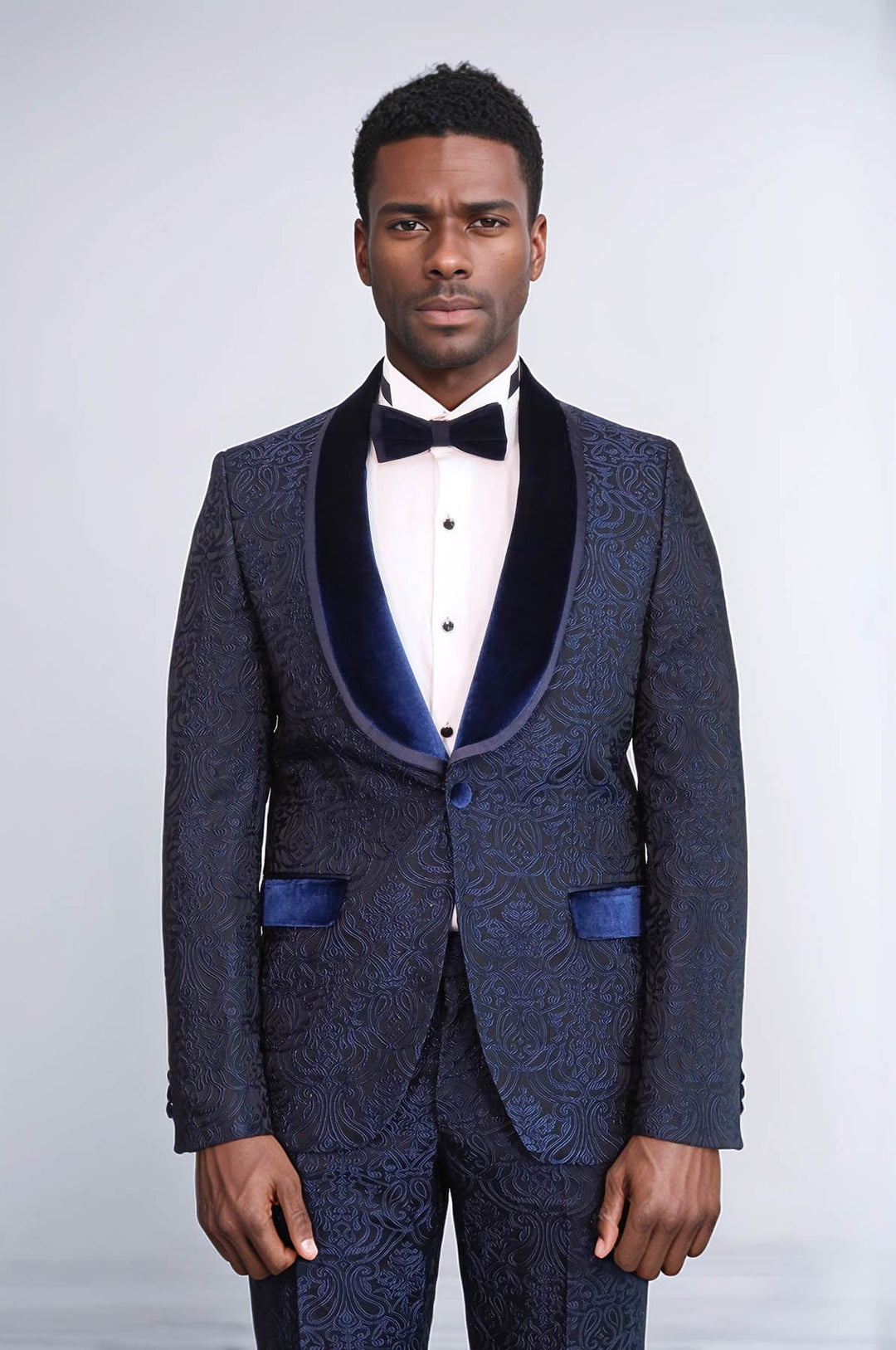 WSS 2 Piece Damask Patterned Velvet Shawl Collar Royal Blue Men's Tuxedo Suit  - Eagle Mountain