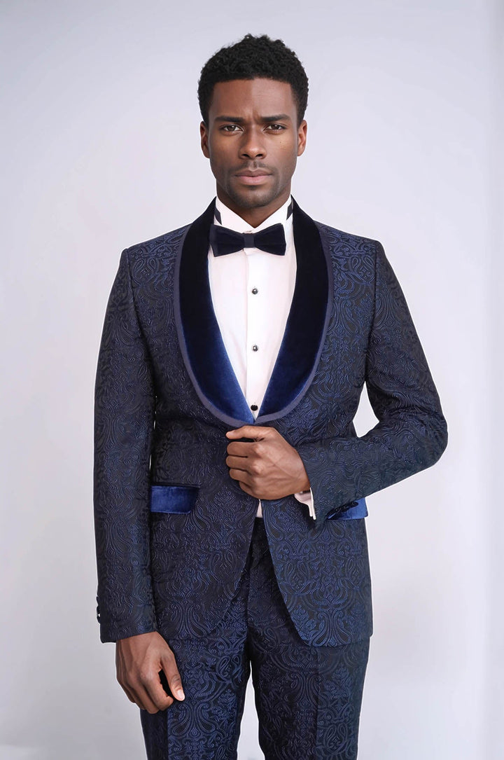 WSS 2 Piece Damask Patterned Velvet Shawl Collar Royal Blue Men's Tuxedo Suit  - Eagle Mountain