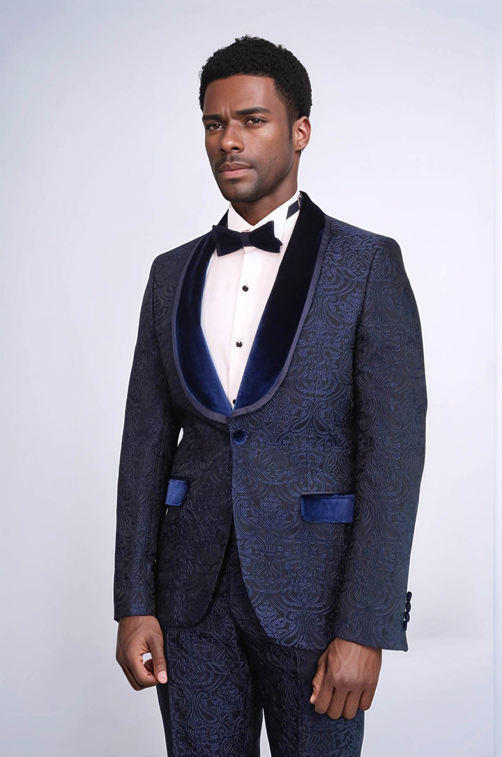WSS 2 Piece Damask Patterned Velvet Shawl Collar Royal Blue Men's Tuxedo Suit  - Eagle Mountain
