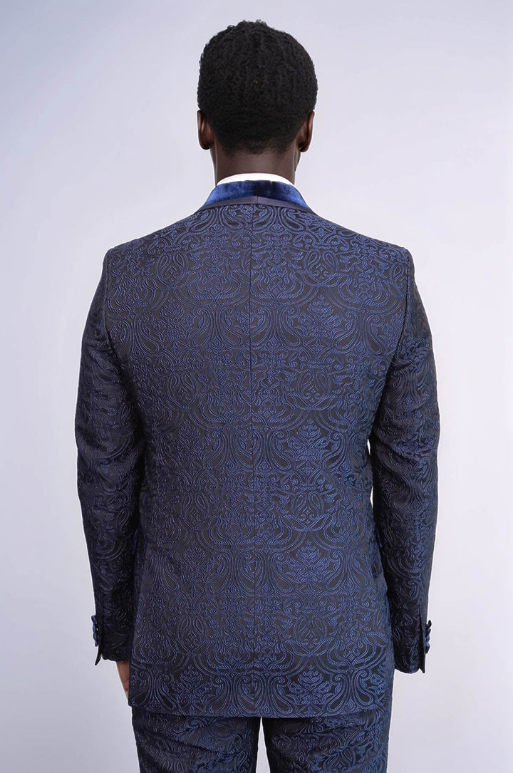 WSS 2 Piece Damask Patterned Velvet Shawl Collar Royal Blue Men's Tuxedo Suit  - Eagle Mountain