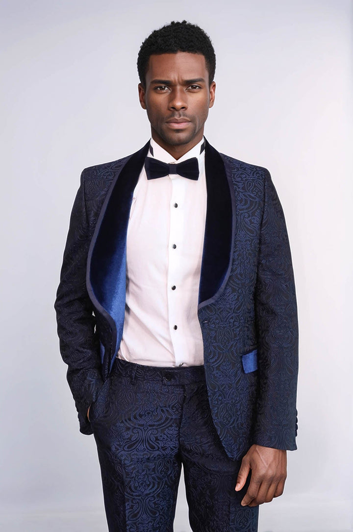 WSS 2 Piece Damask Patterned Velvet Shawl Collar Royal Blue Men's Tuxedo Suit  - Eagle Mountain