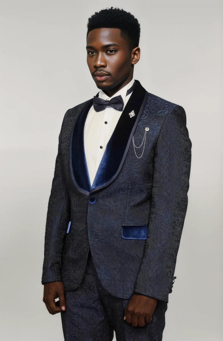WSS 2 Piece Damask Patterned Velvet Shawl Collar Royal Blue Men's Tuxedo Suit  - Singen
