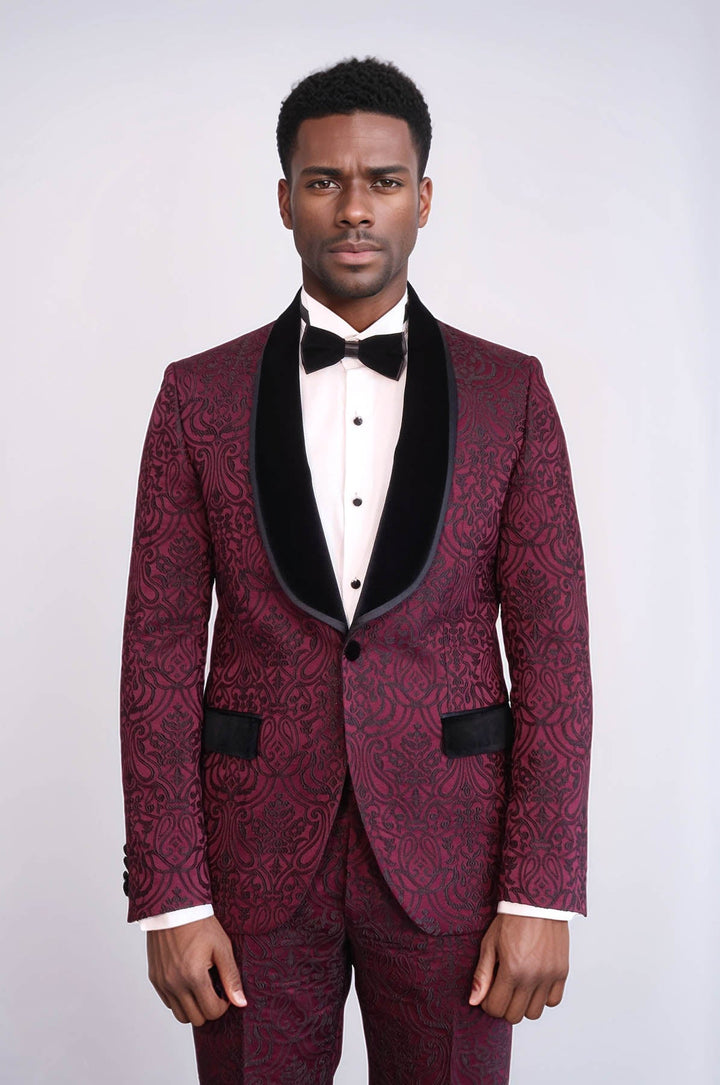 WSS 2 Piece Damask Patterned Velvet Shawl Collar Burgundy Men's Tuxedo Suit  - Drogheda