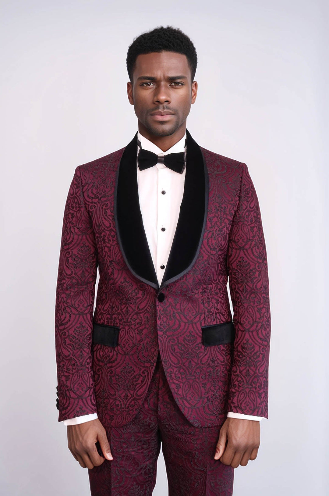 WSS 2 Piece Damask Patterned Velvet Shawl Collar Burgundy Men's Tuxedo Suit  - Northbrook