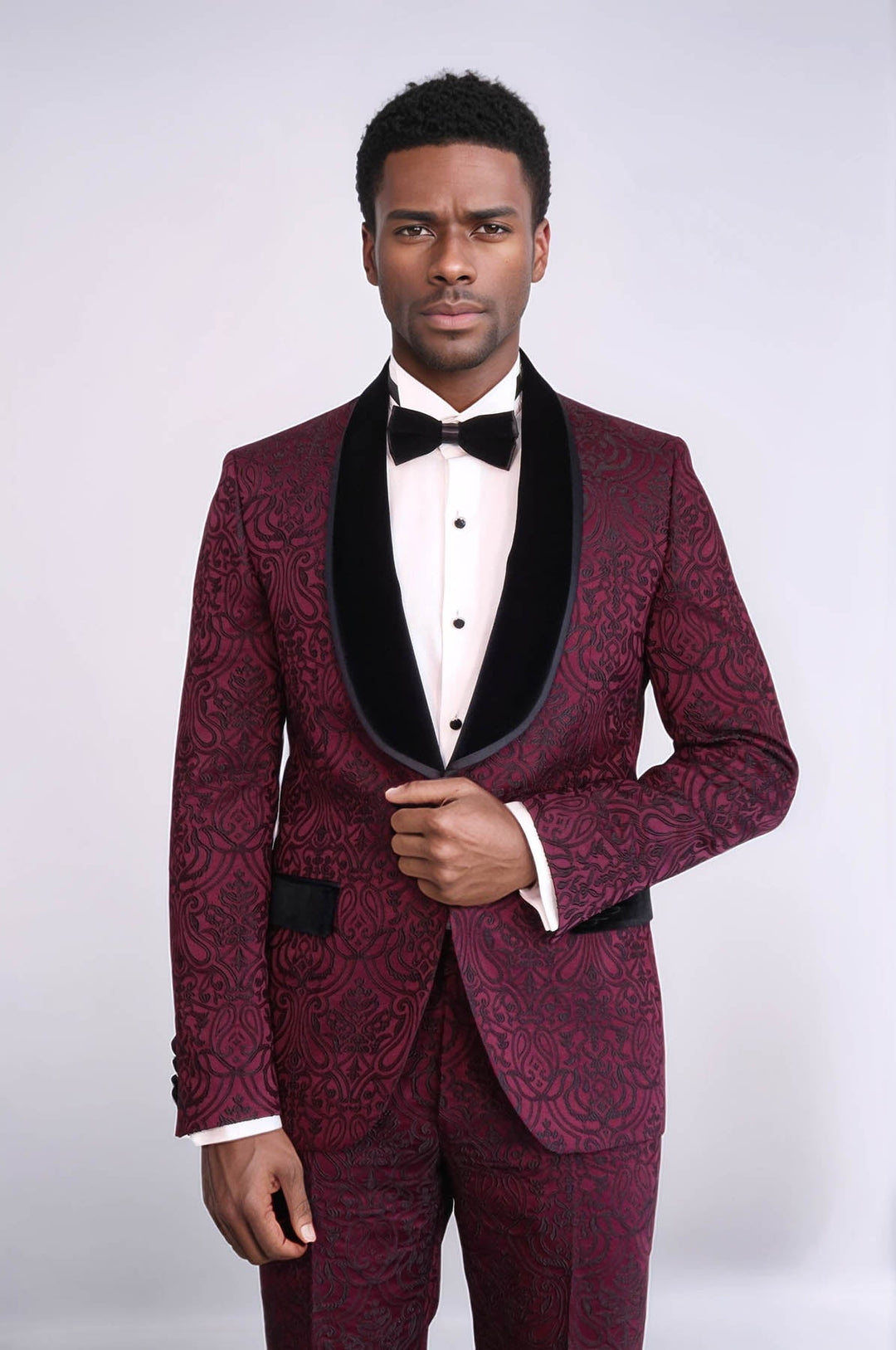 WSS 2 Piece Damask Patterned Velvet Shawl Collar Burgundy Men's Tuxedo Suit  - Drogheda
