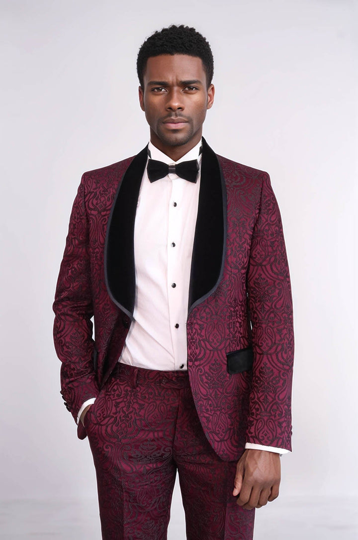 WSS 2 Piece Damask Patterned Velvet Shawl Collar Burgundy Men's Tuxedo Suit  - Drogheda