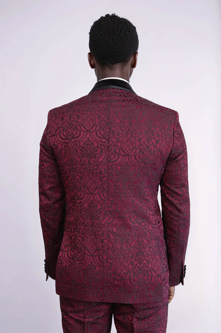 WSS 2 Piece Damask Patterned Velvet Shawl Collar Burgundy Men's Tuxedo Suit  - Drogheda