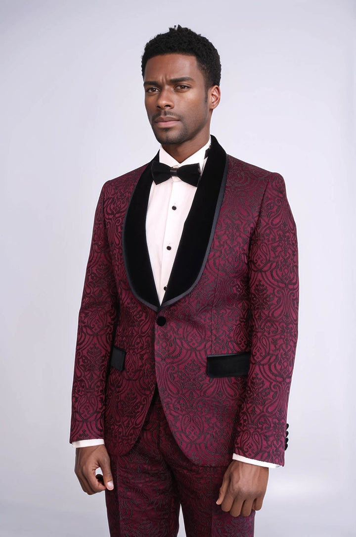 WSS 2 Piece Damask Patterned Velvet Shawl Collar Burgundy Men's Tuxedo Suit  - Drogheda