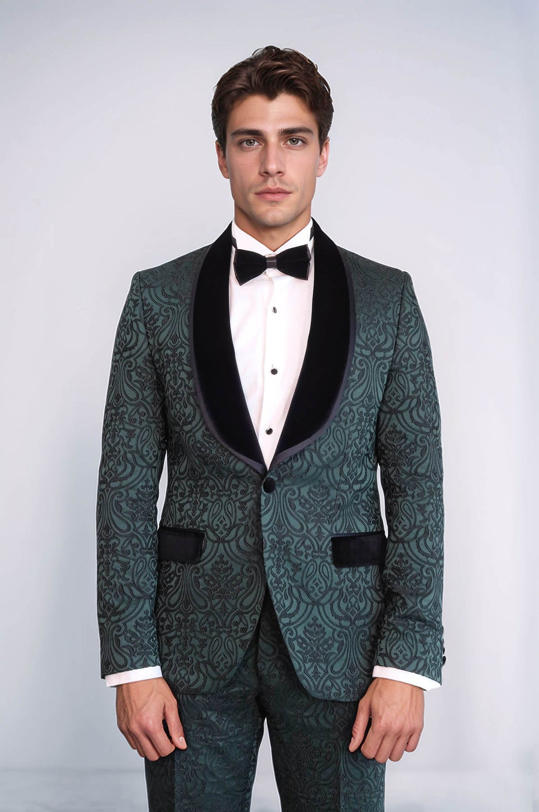 WSS 2 Piece Damask Patterned Velvet Shawl Collar Emerald Green Men's Tuxedo Suit  - Kiryas Joel