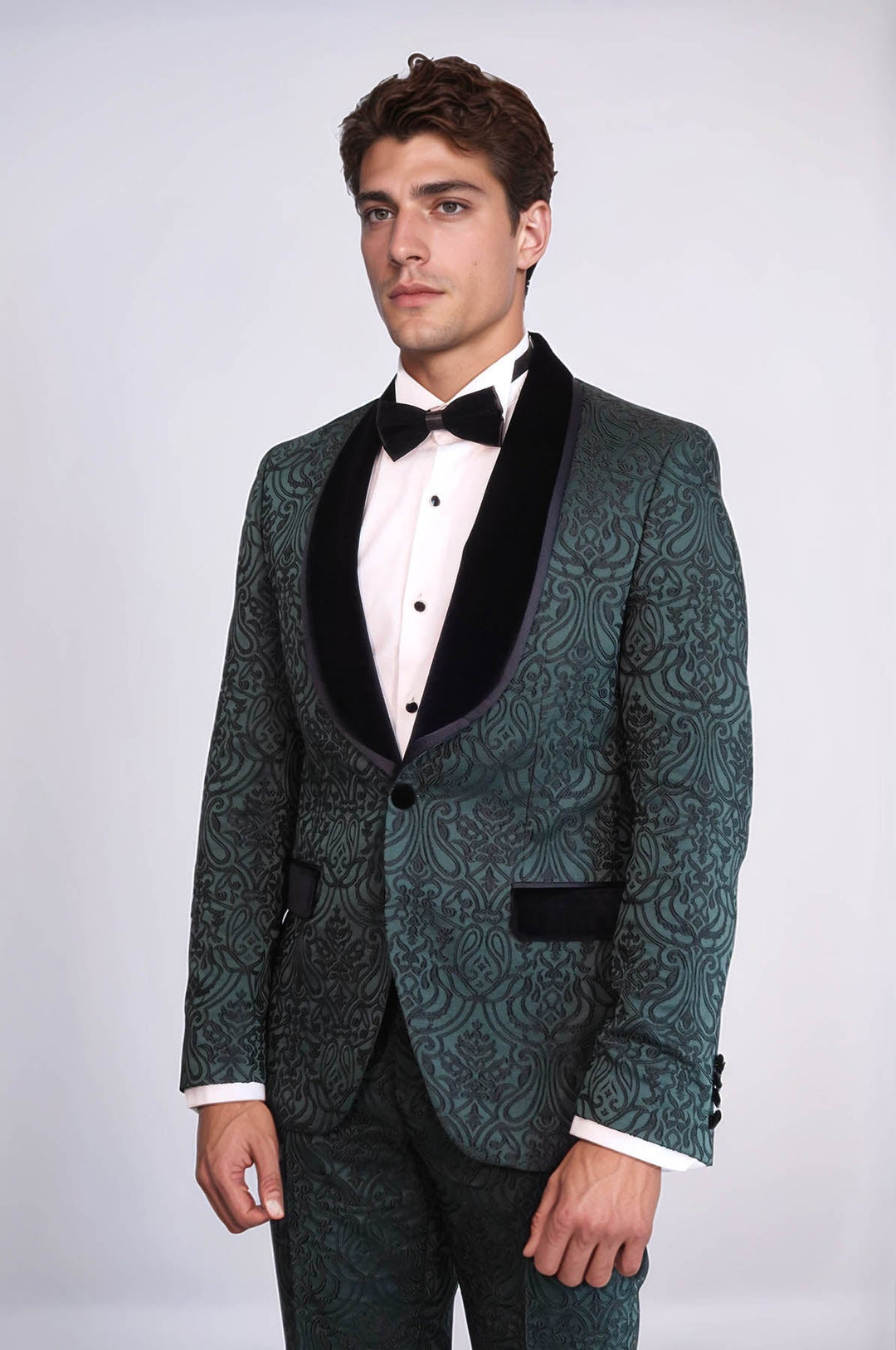 WSS 2 Piece Damask Patterned Velvet Shawl Collar Emerald Green Men's Tuxedo Suit  - Kiryas Joel