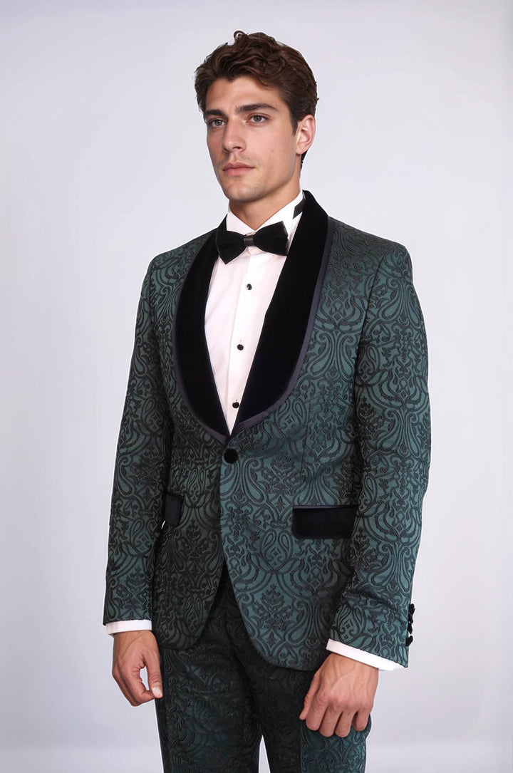 WSS 2 Piece Damask Patterned Velvet Shawl Collar Emerald Green Men's Tuxedo Suit  - Kiryas Joel