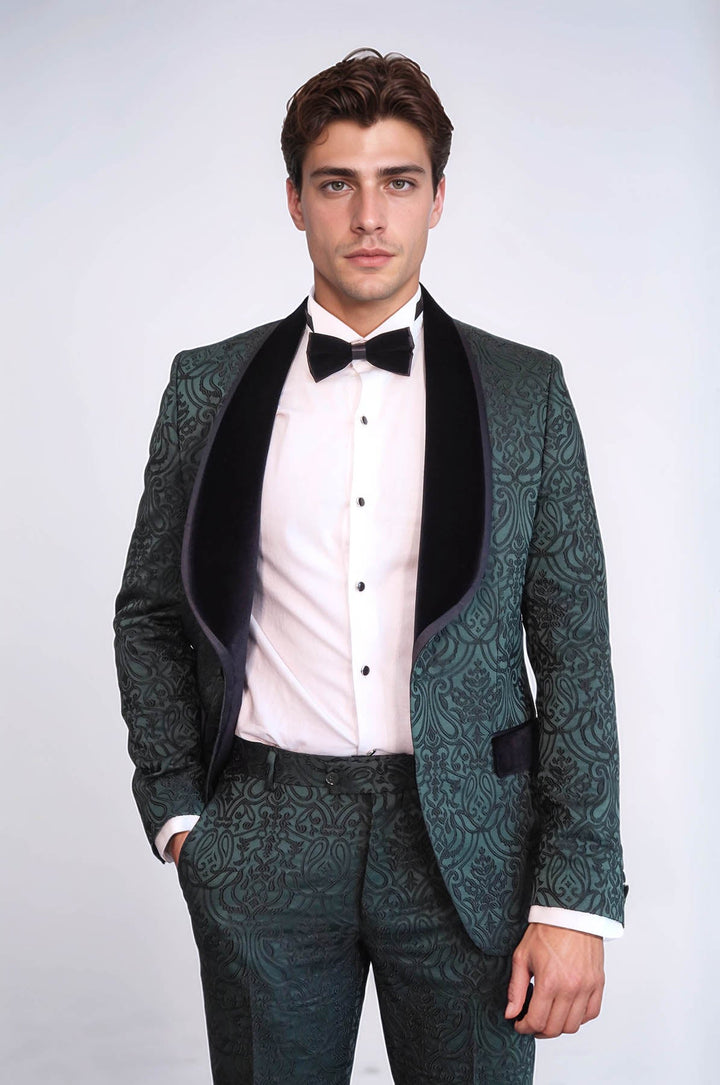 WSS 2 Piece Damask Patterned Velvet Shawl Collar Emerald Green Men's Tuxedo Suit  - Kiryas Joel