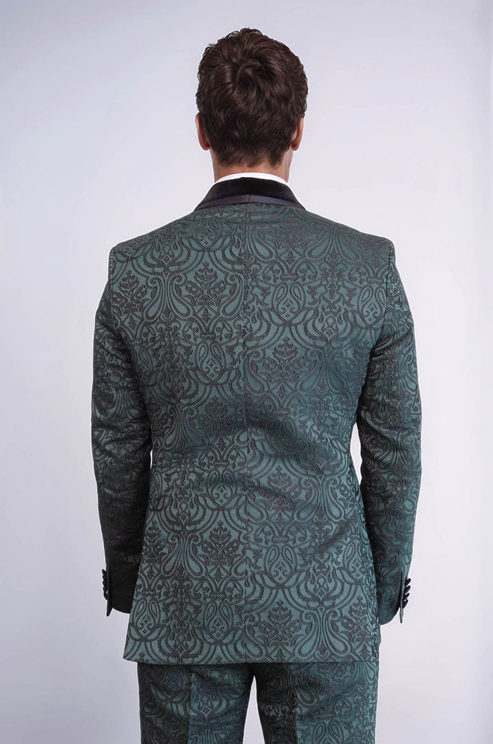 WSS 2 Piece Damask Patterned Velvet Shawl Collar Emerald Green Men's Tuxedo Suit  - Kiryas Joel