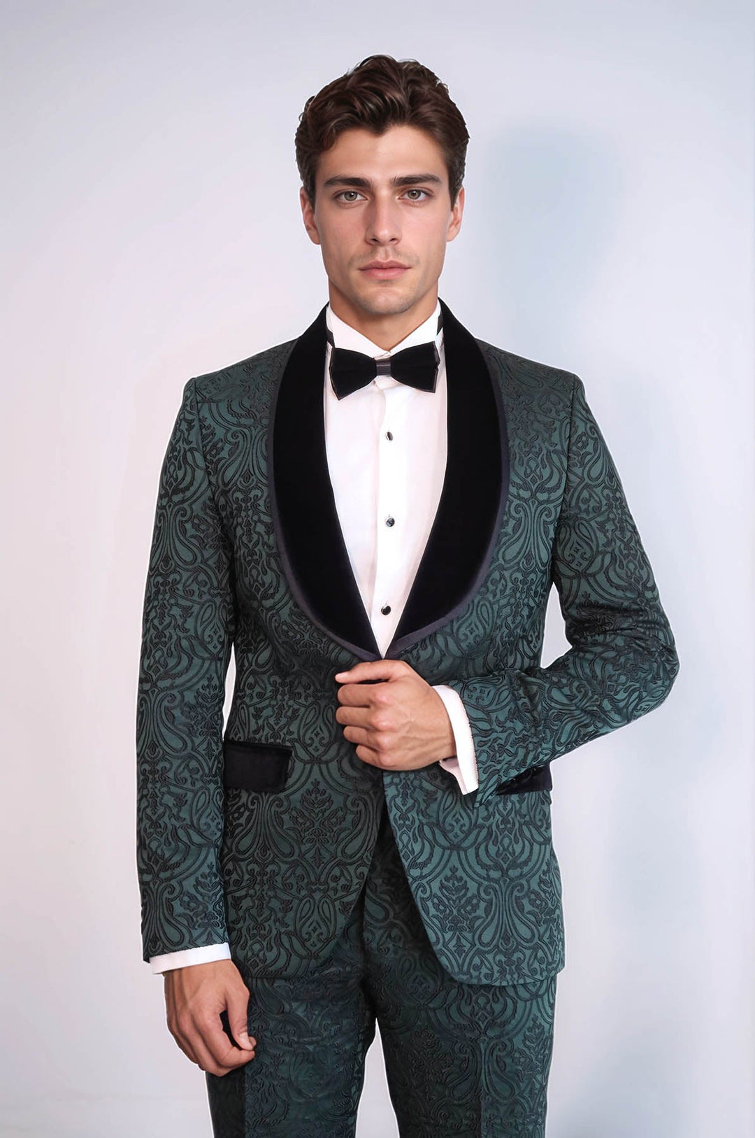 WSS 2 Piece Damask Patterned Velvet Shawl Collar Emerald Green Men's Tuxedo Suit  - Kiryas Joel