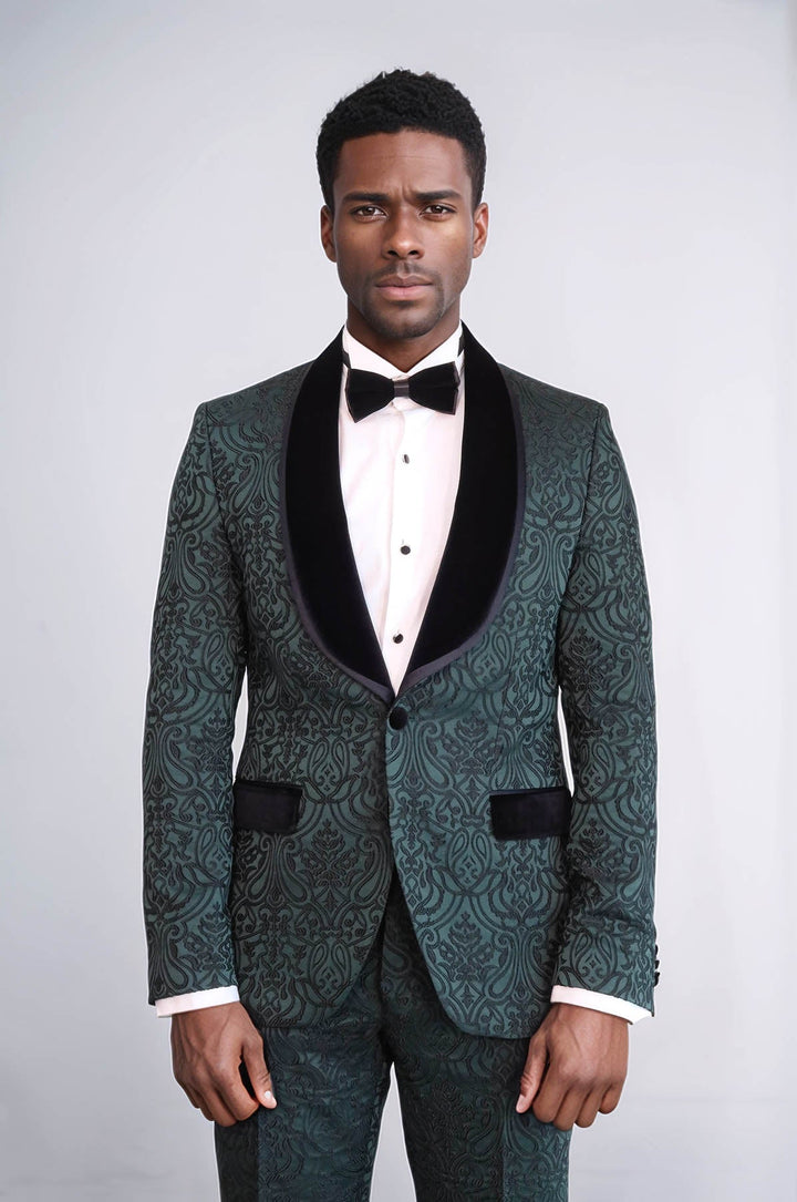 WSS 2 Piece Damask Patterned Velvet Shawl Collar Emerald Green Men's Tuxedo Suit  - Arnsberg