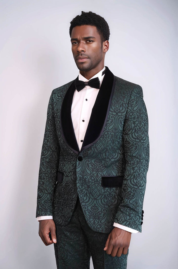 WSS 2 Piece Damask Patterned Velvet Shawl Collar Emerald Green Men's Tuxedo Suit  - Arnsberg