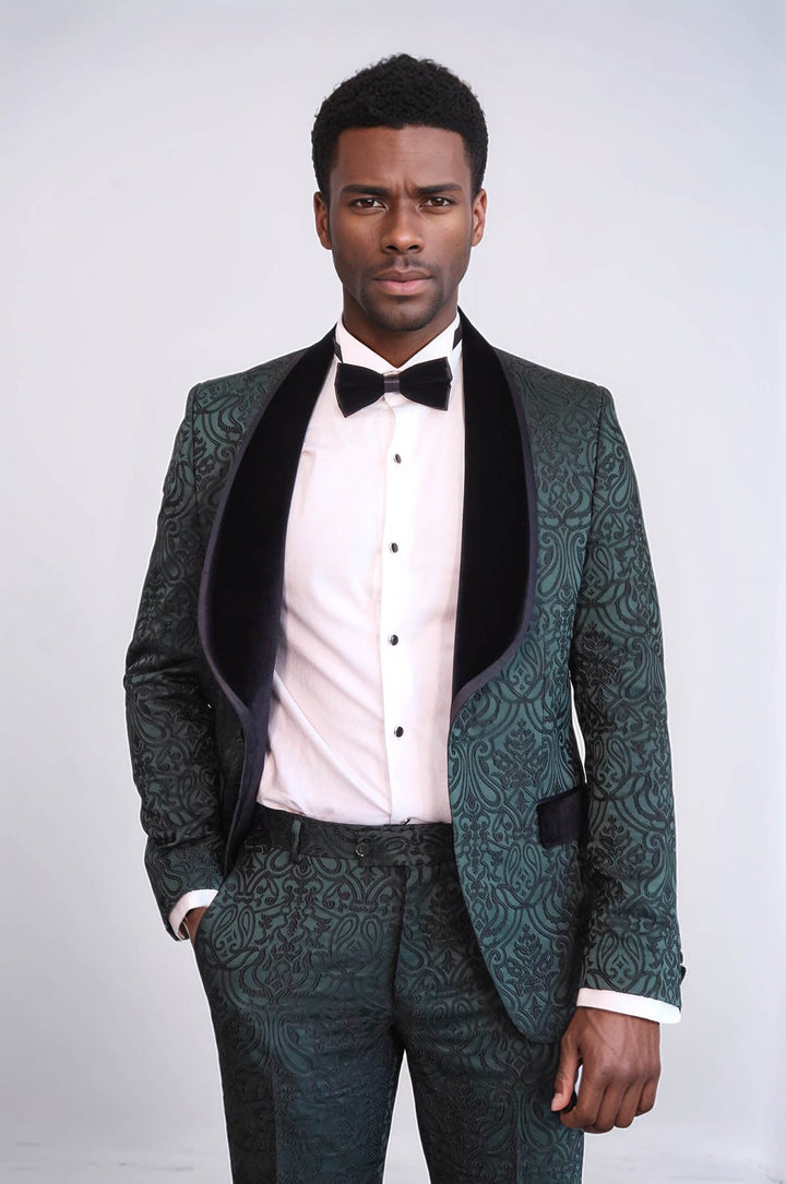WSS 2 Piece Damask Patterned Velvet Shawl Collar Emerald Green Men's Tuxedo Suit  - Arnsberg
