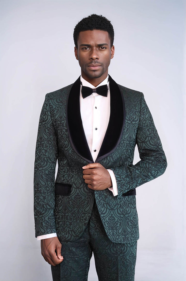 WSS 2 Piece Damask Patterned Velvet Shawl Collar Emerald Green Men's Tuxedo Suit  - Arnsberg