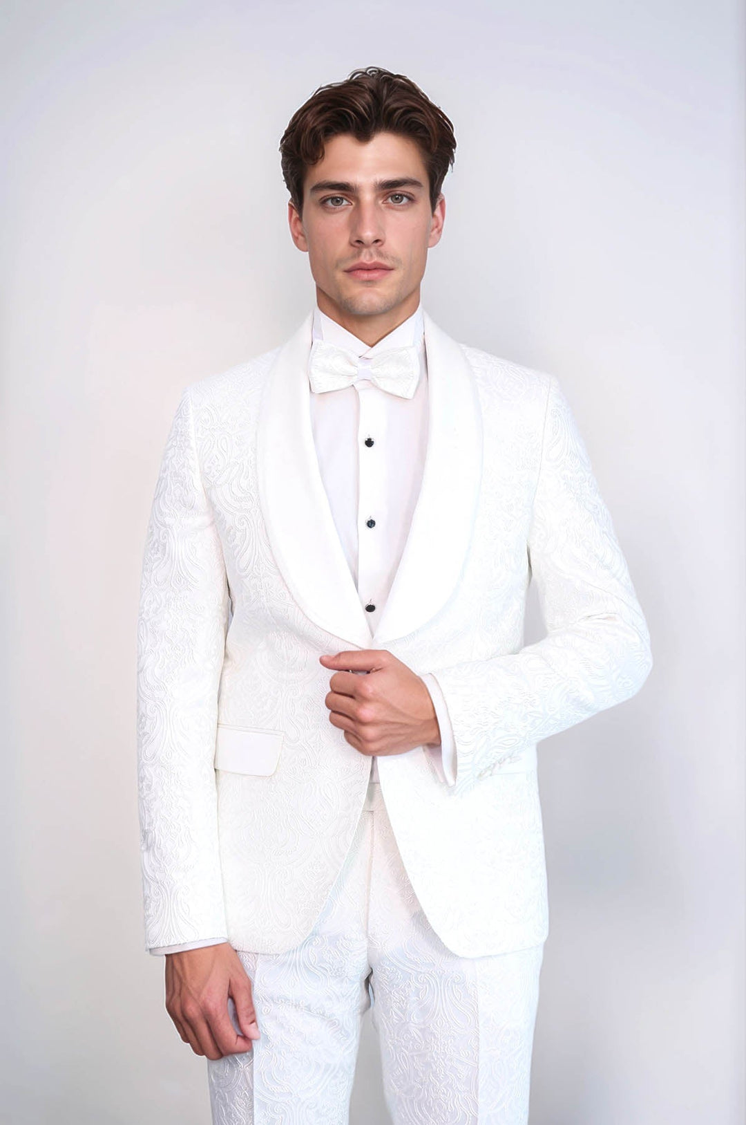 WSS 2 Piece Damask Patterned Velvet Shawl Collar White Men's Tuxedo Suit  - Hammersmith