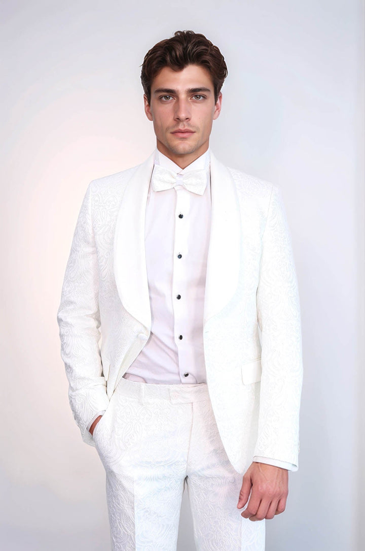 WSS 2 Piece Damask Patterned Velvet Shawl Collar White Men's Tuxedo Suit  - Hammersmith