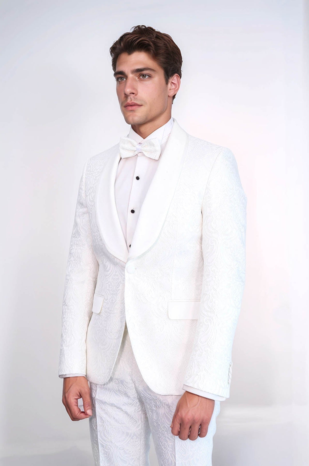 WSS 2 Piece Damask Patterned Velvet Shawl Collar White Men's Tuxedo Suit  - Hammersmith