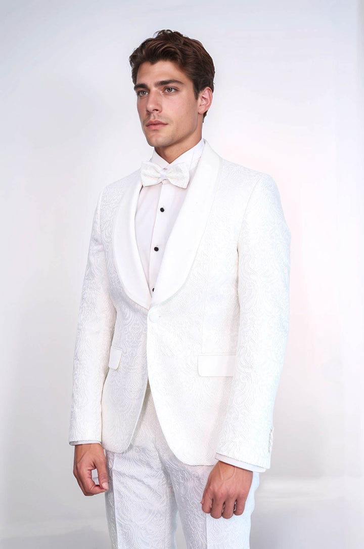 WSS 2 Piece Damask Patterned Velvet Shawl Collar White Men's Tuxedo Suit  - Hammersmith