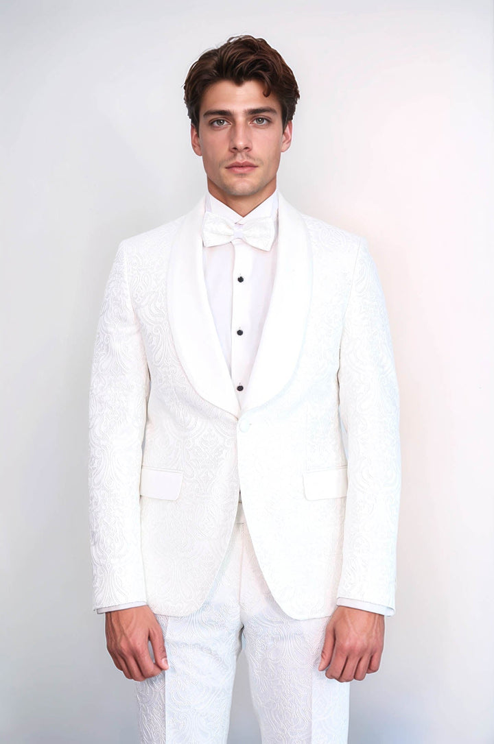 WSS 2 Piece Damask Patterned Velvet Shawl Collar White Men's Tuxedo Suit  - Hammersmith