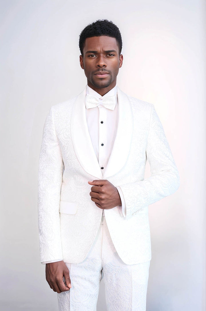 WSS 2 Piece Damask Patterned Velvet Shawl Collar White Men's Tuxedo Suit  - Trieste
