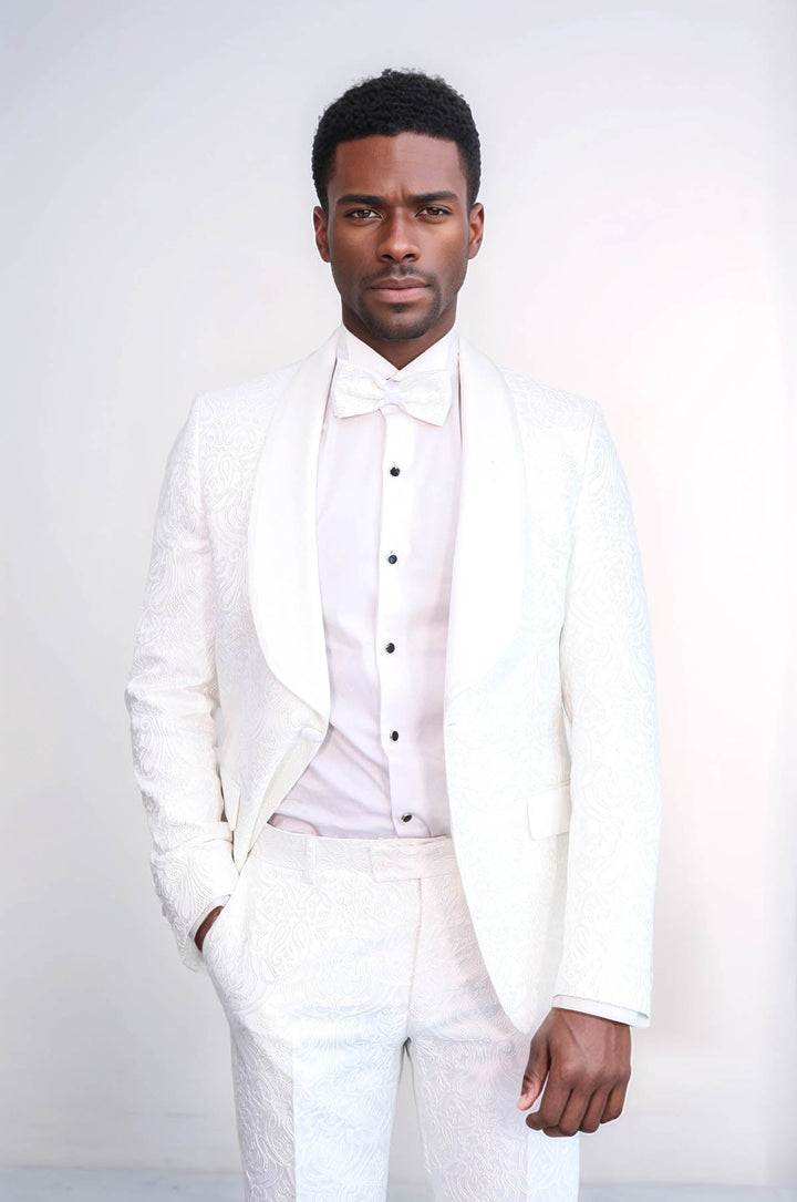 WSS 2 Piece Damask Patterned Velvet Shawl Collar White Men's Tuxedo Suit  - Trieste