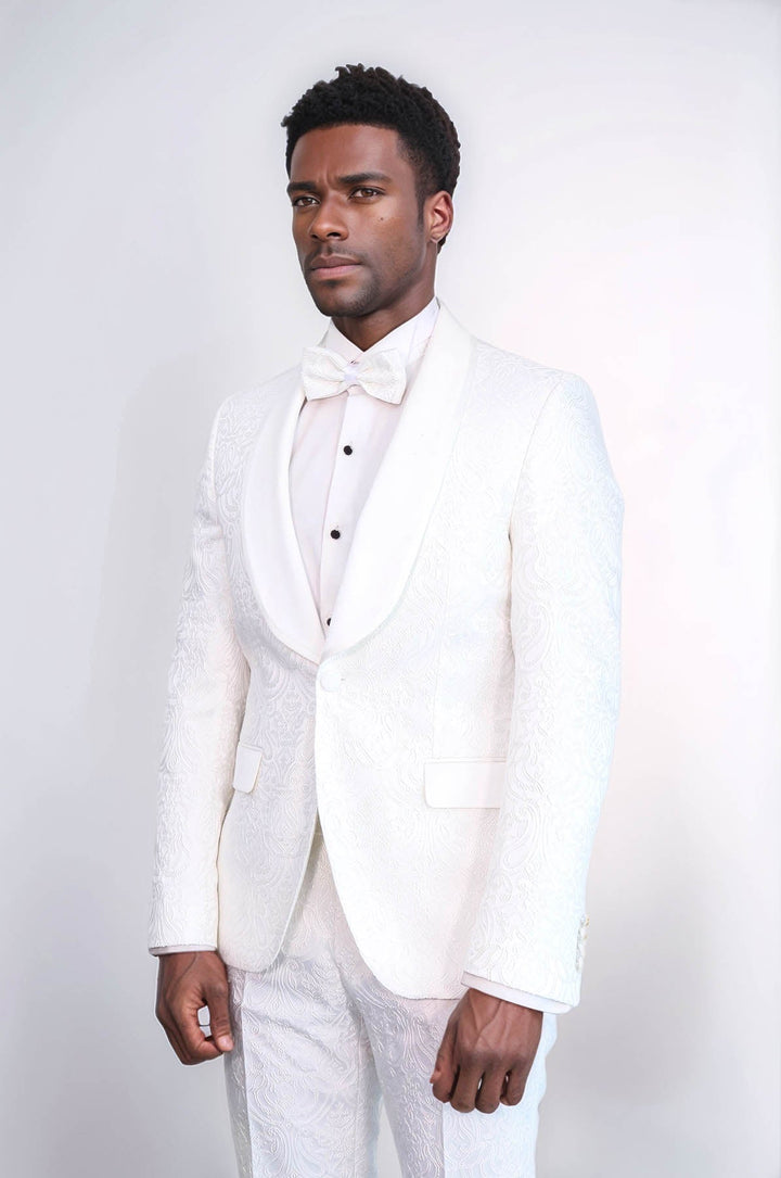 WSS 2 Piece Damask Patterned Velvet Shawl Collar White Men's Tuxedo Suit  - Trieste