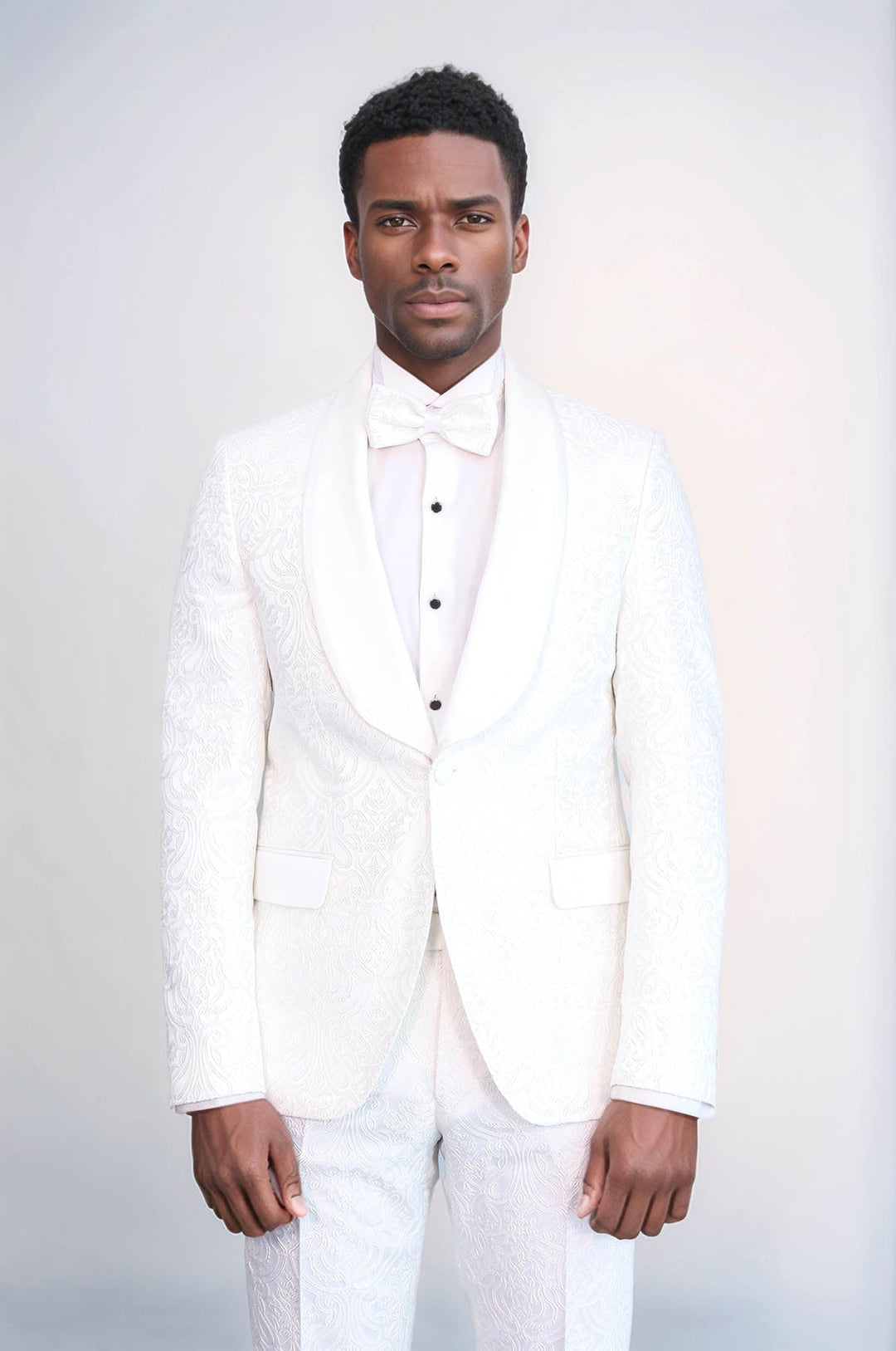 WSS 2 Piece Damask Patterned Velvet Shawl Collar White Men's Tuxedo Suit  - Trieste