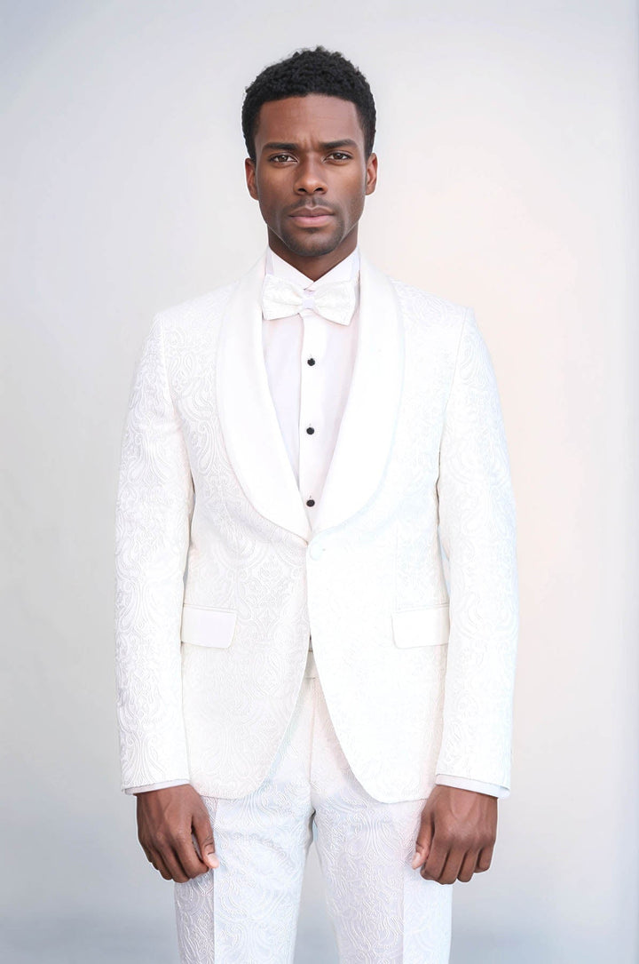 WSS 2 Piece Damask Patterned Velvet Shawl Collar White Men's Tuxedo Suit  - Trieste