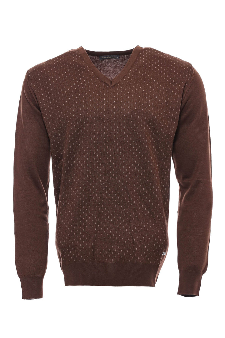 WSS Light Brown Dot Patterned V Neck Sweater  - Singen
