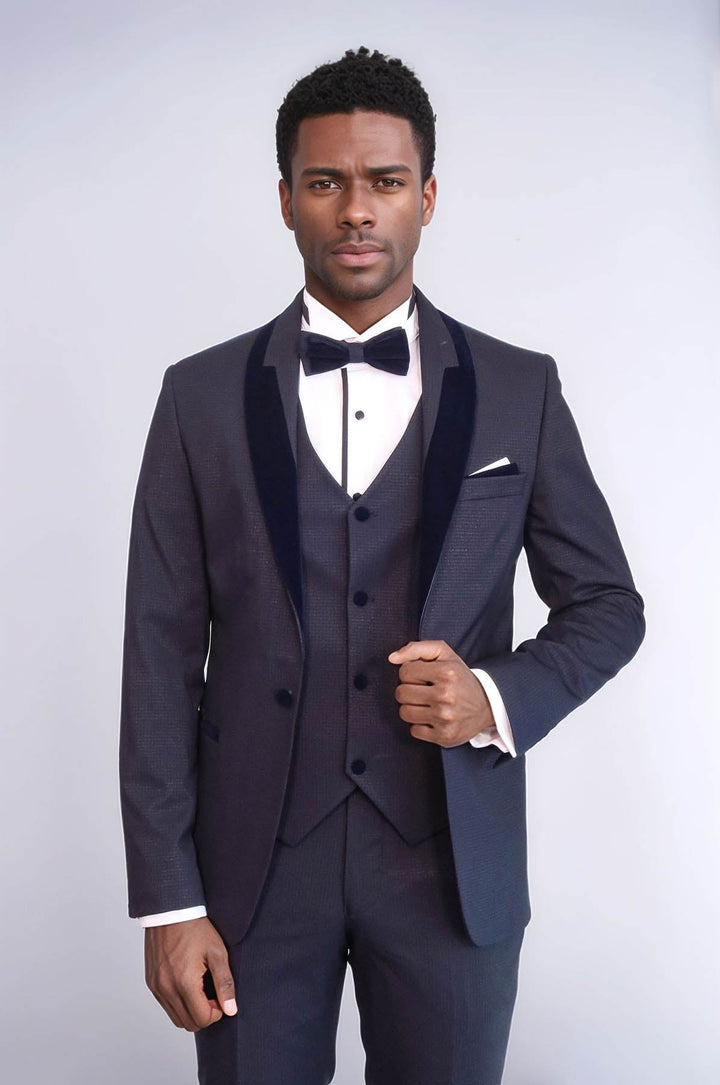 WSS Patterned Velvet Lapel Navy Blue Men Tuxedo  - Manfredonia