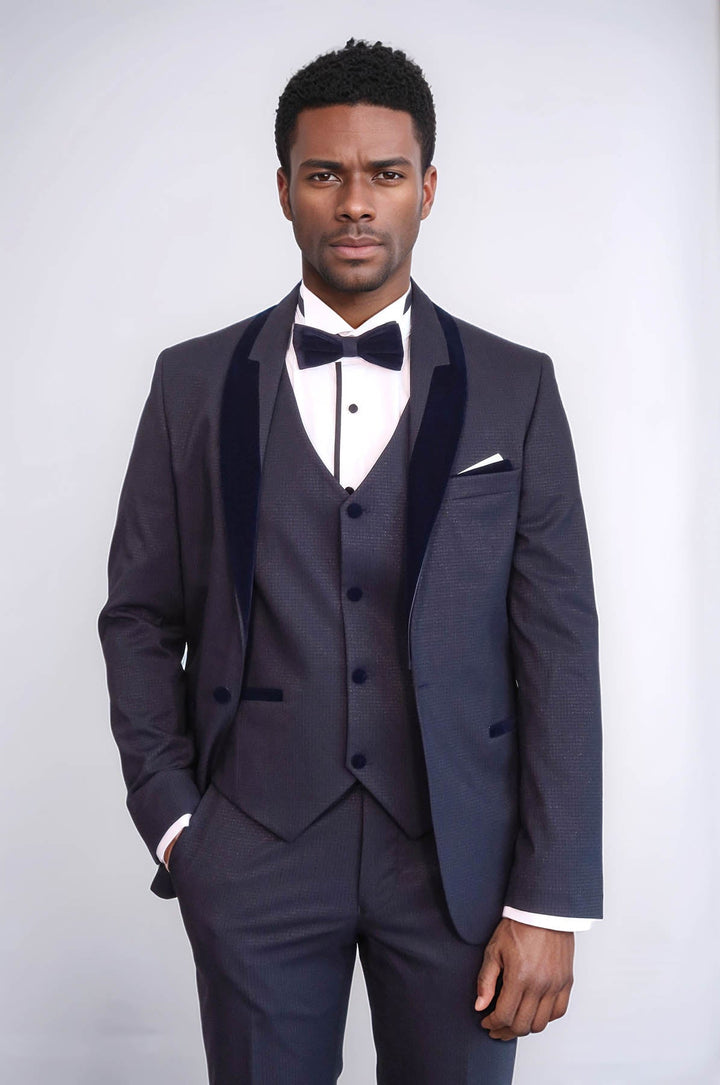 WSS Patterned Velvet Lapel Navy Blue Men Tuxedo  - Manfredonia
