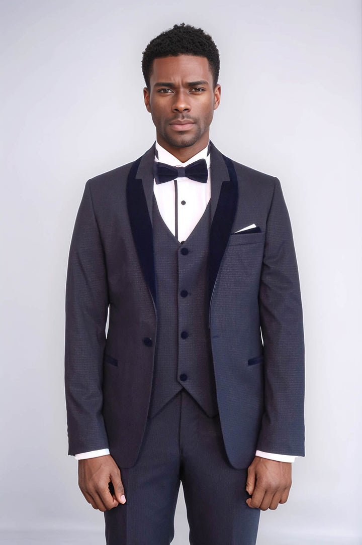 WSS Patterned Velvet Lapel Navy Blue Men Tuxedo  - Manfredonia
