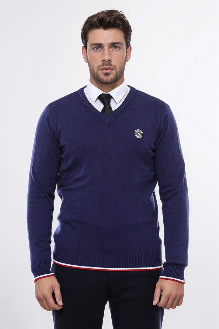 WSS Navy Blue V Neck Slim Fit Men Sweater  - Oss