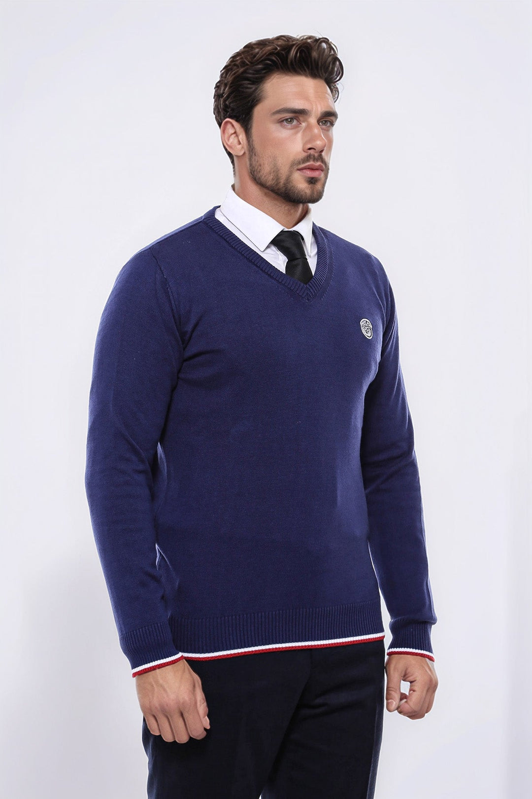WSS Navy Blue V Neck Slim Fit Men Sweater  - Oss