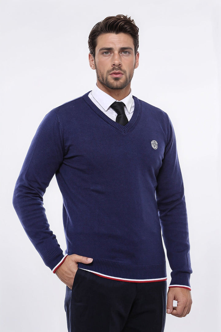 WSS Navy Blue V Neck Slim Fit Men Sweater  - Oss