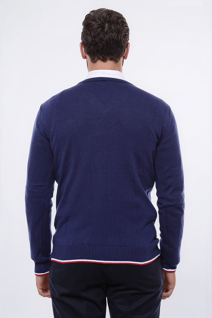 WSS Navy Blue V Neck Slim Fit Men Sweater  - Oss