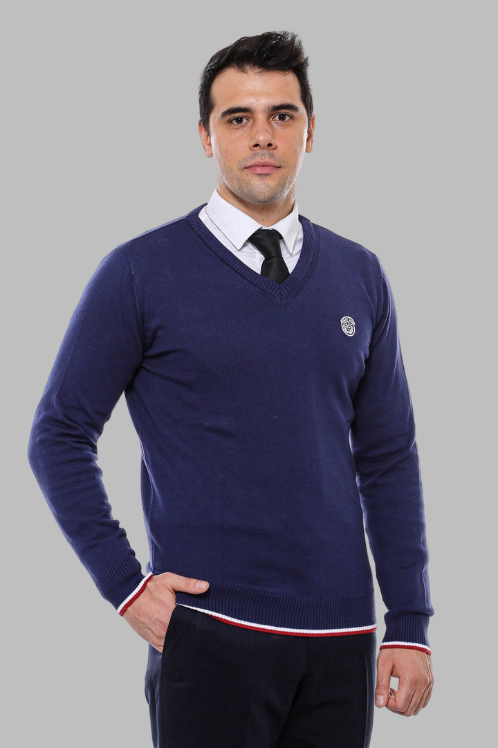 WSS Navy Blue V Neck Slim Fit Men Sweater  - Waregem