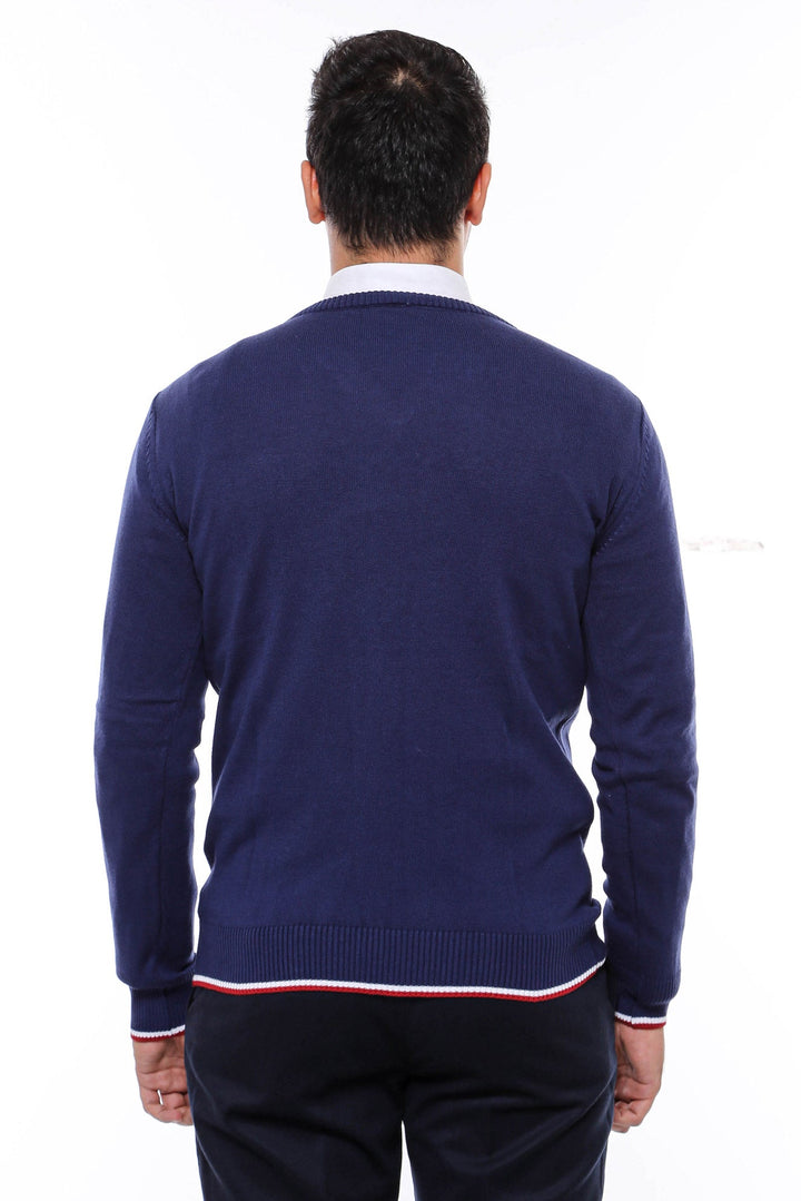 WSS Navy Blue V Neck Slim Fit Men Sweater  - Waregem